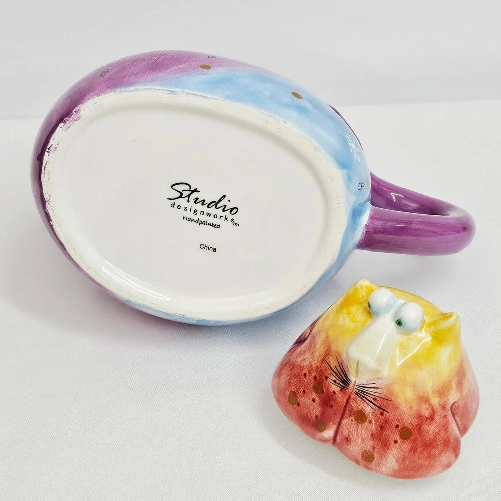 Cat Teapot Studio Designworks‎ Handpainted Whimsical Colorful Ceramic Art
